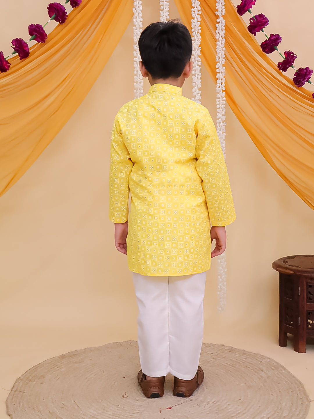 Boys Yellow Cotton Full sleeves Printed Kurta Pyjama Set