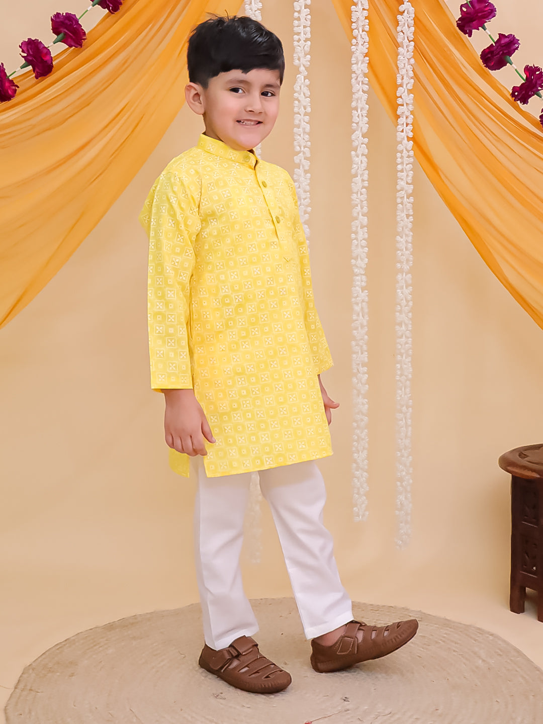 Boys Yellow Cotton Full sleeves Printed Kurta Pyjama Set