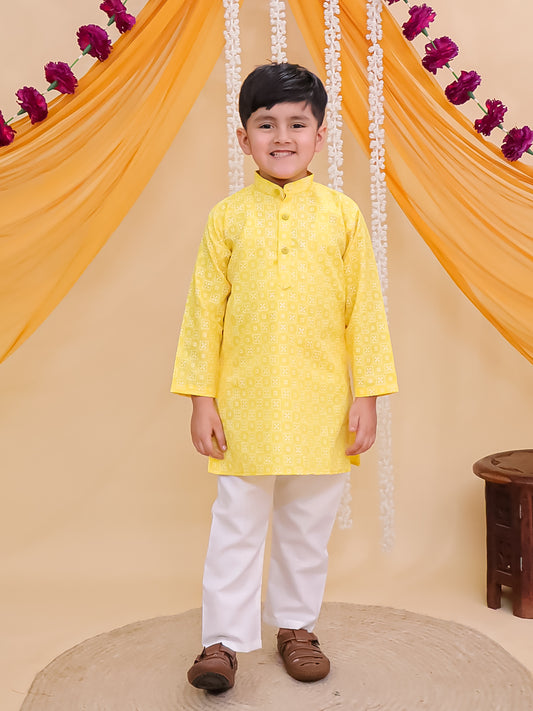 Boys Yellow Cotton Full sleeves Printed Kurta Pyjama Set