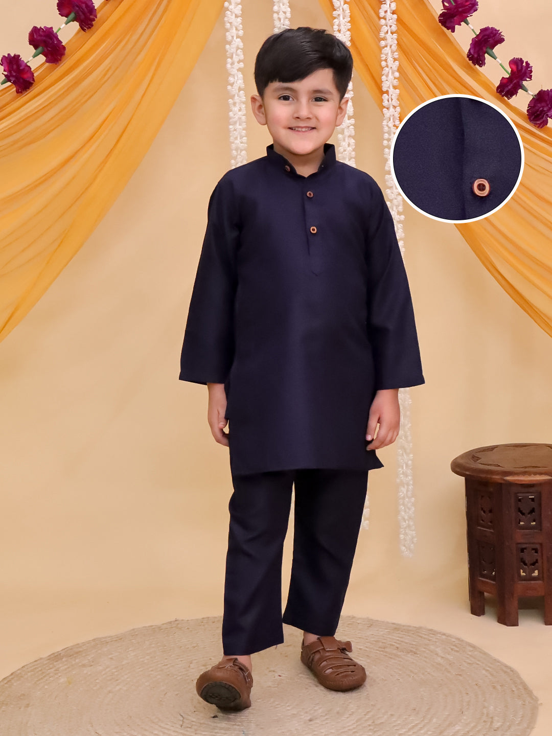 Boys Dark Blue Cotton Full sleeves Solid Kurta Pyjama Set