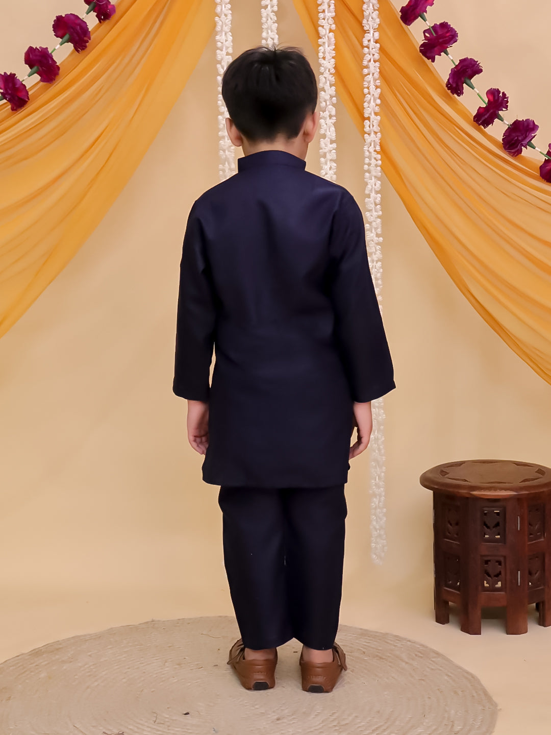 Boys Dark Blue Cotton Full sleeves Solid Kurta Pyjama Set