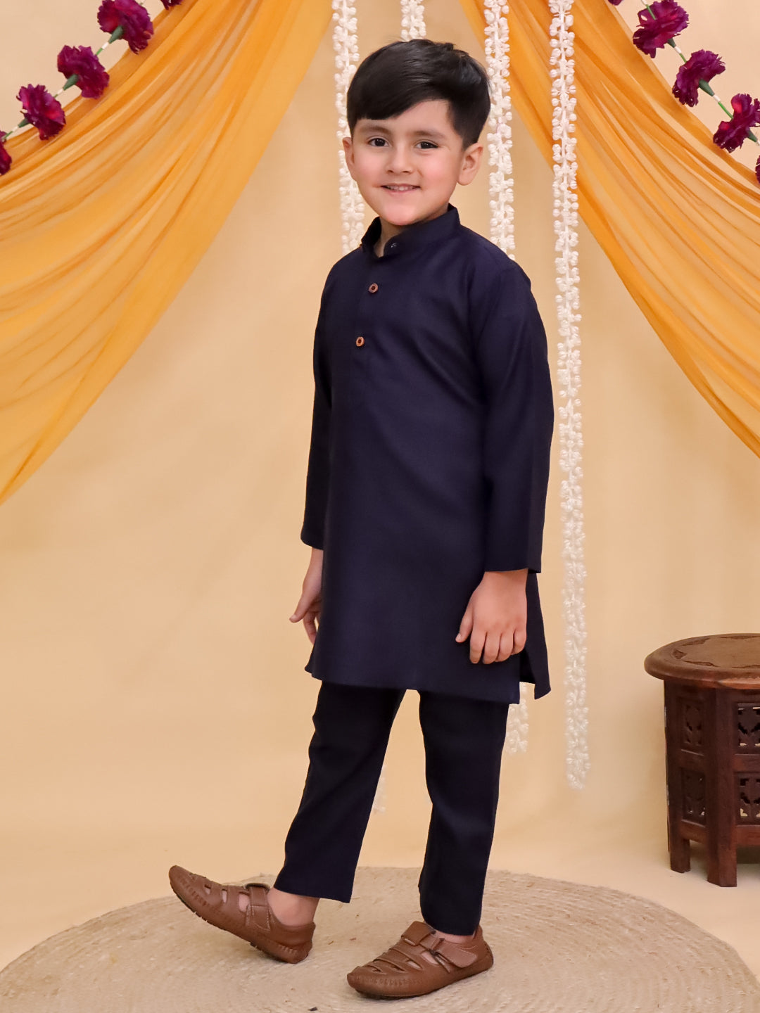 Boys Dark Blue Cotton Full sleeves Solid Kurta Pyjama Set