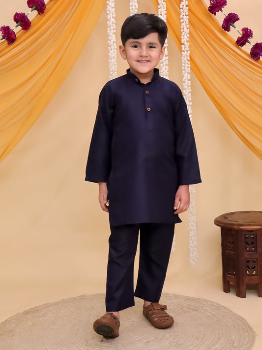 Boys Dark Blue Cotton Full sleeves Solid Kurta Pyjama Set