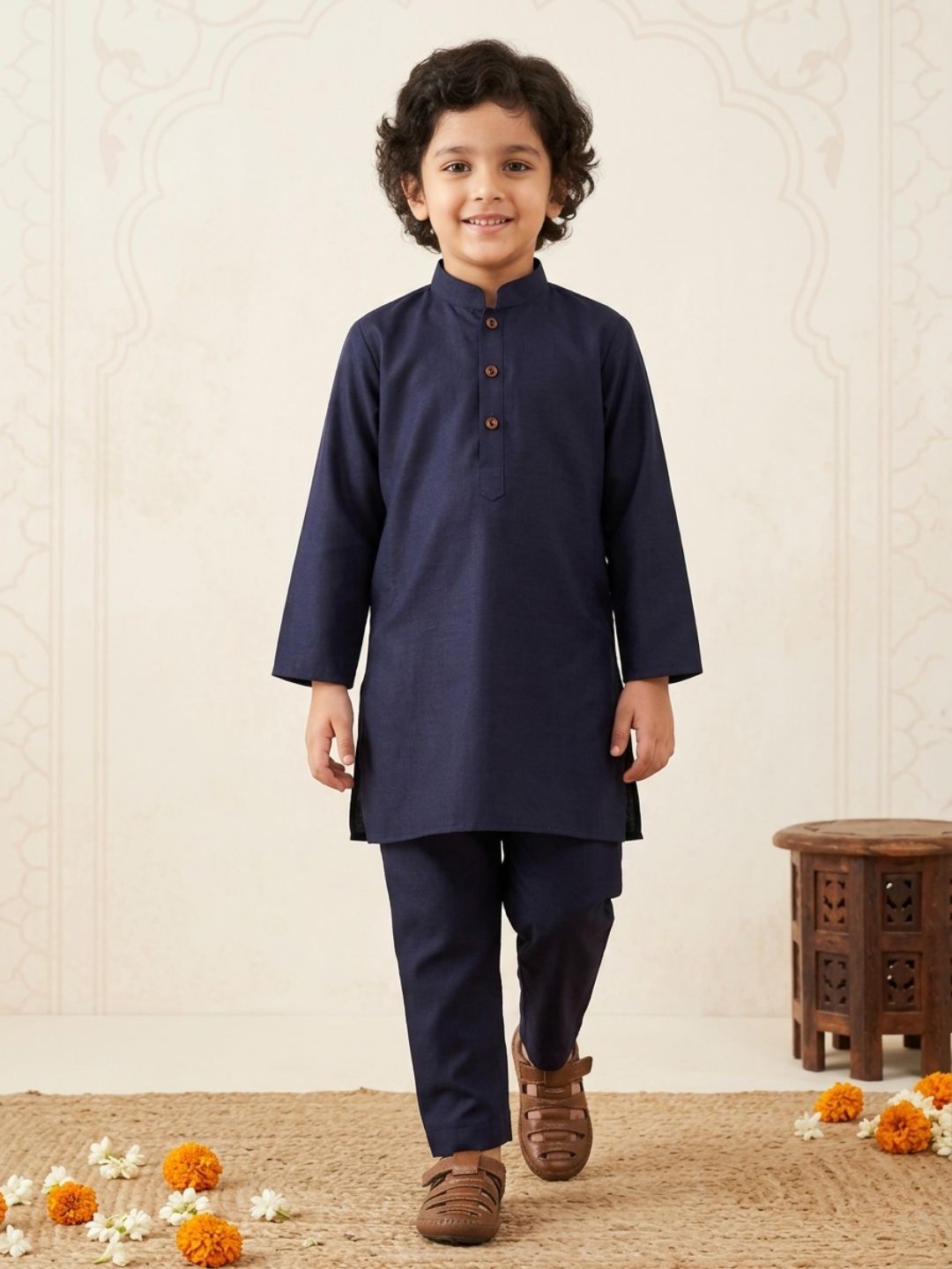 Boys Dark Blue Cotton Full sleeves Solid Kurta Pyjama Set