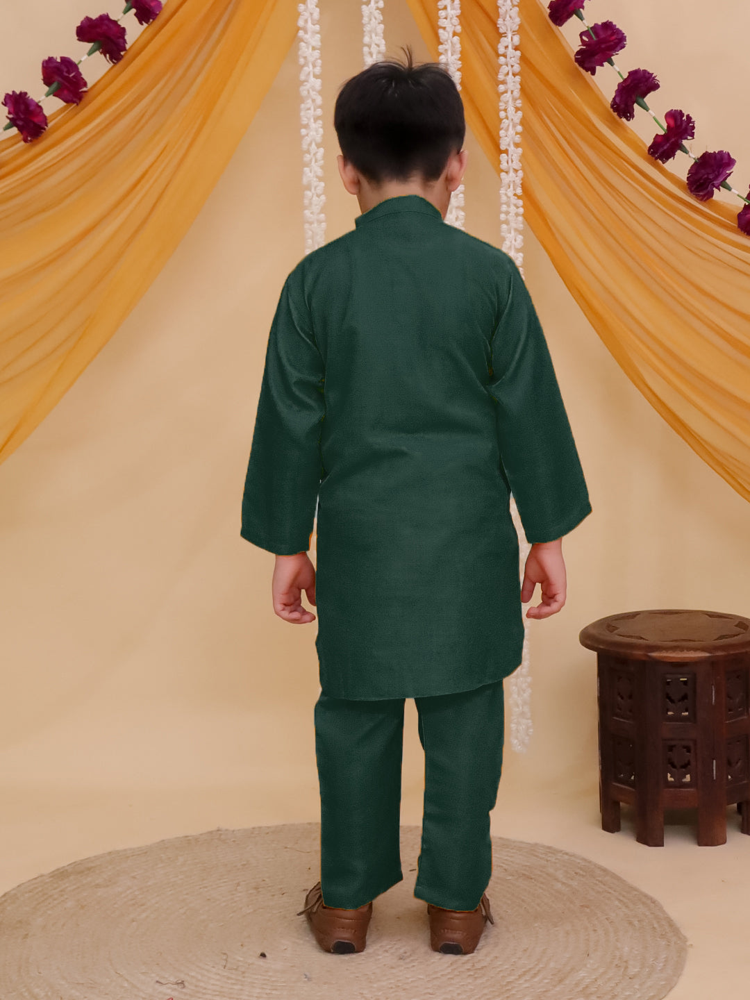 Boys Dark Green Cotton Full sleeves Solid Kurta Pyjama Set