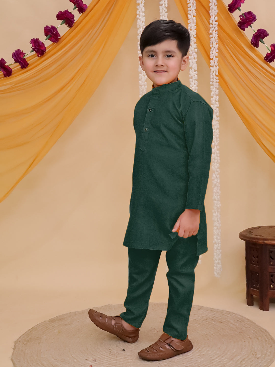 Boys Dark Green Cotton Full sleeves Solid Kurta Pyjama Set