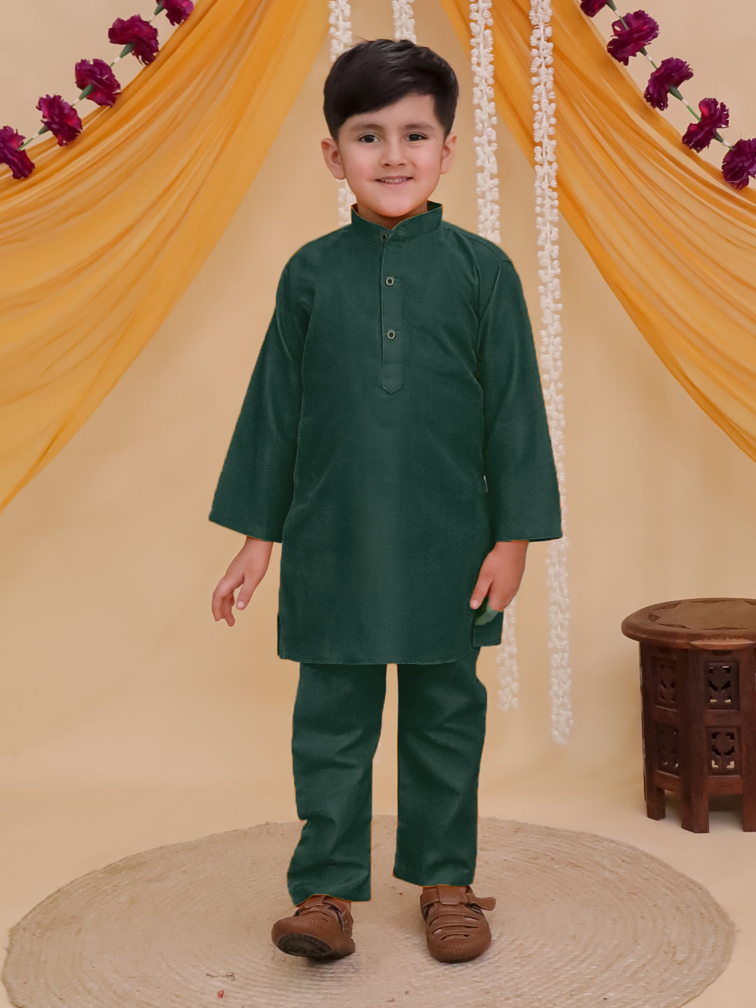 Boys Dark Green Cotton Full sleeves Solid Kurta Pyjama Set
