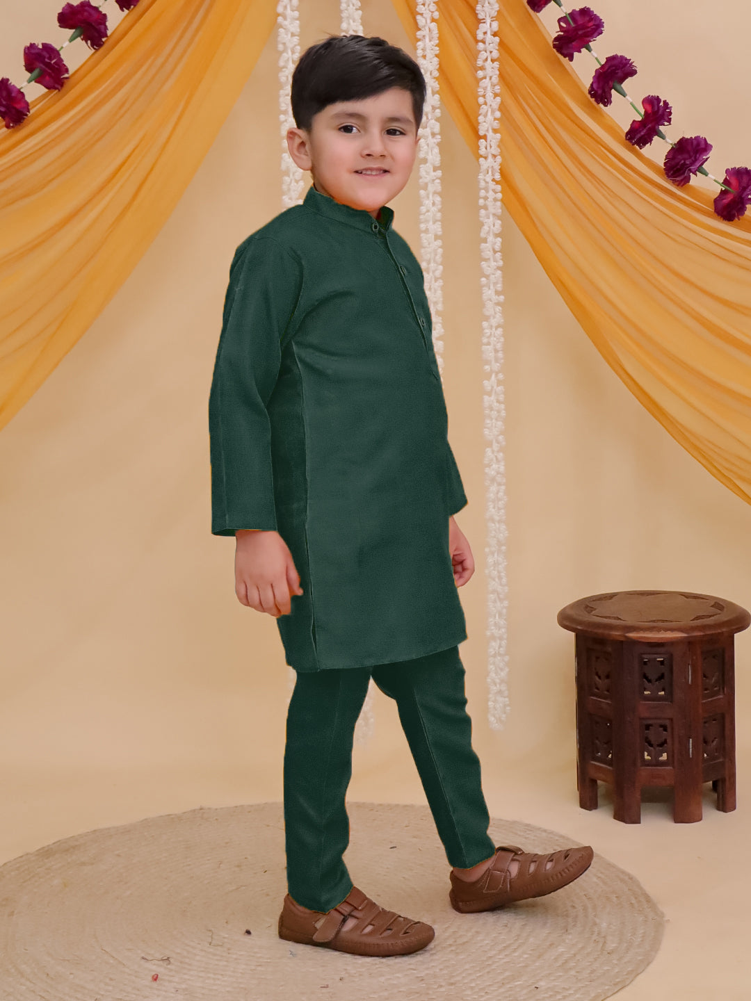 Boys Dark Green Cotton Full sleeves Solid Kurta Pyjama Set