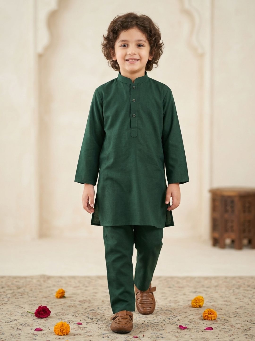 Boys Dark Green Cotton Full sleeves Solid Kurta Pyjama Set