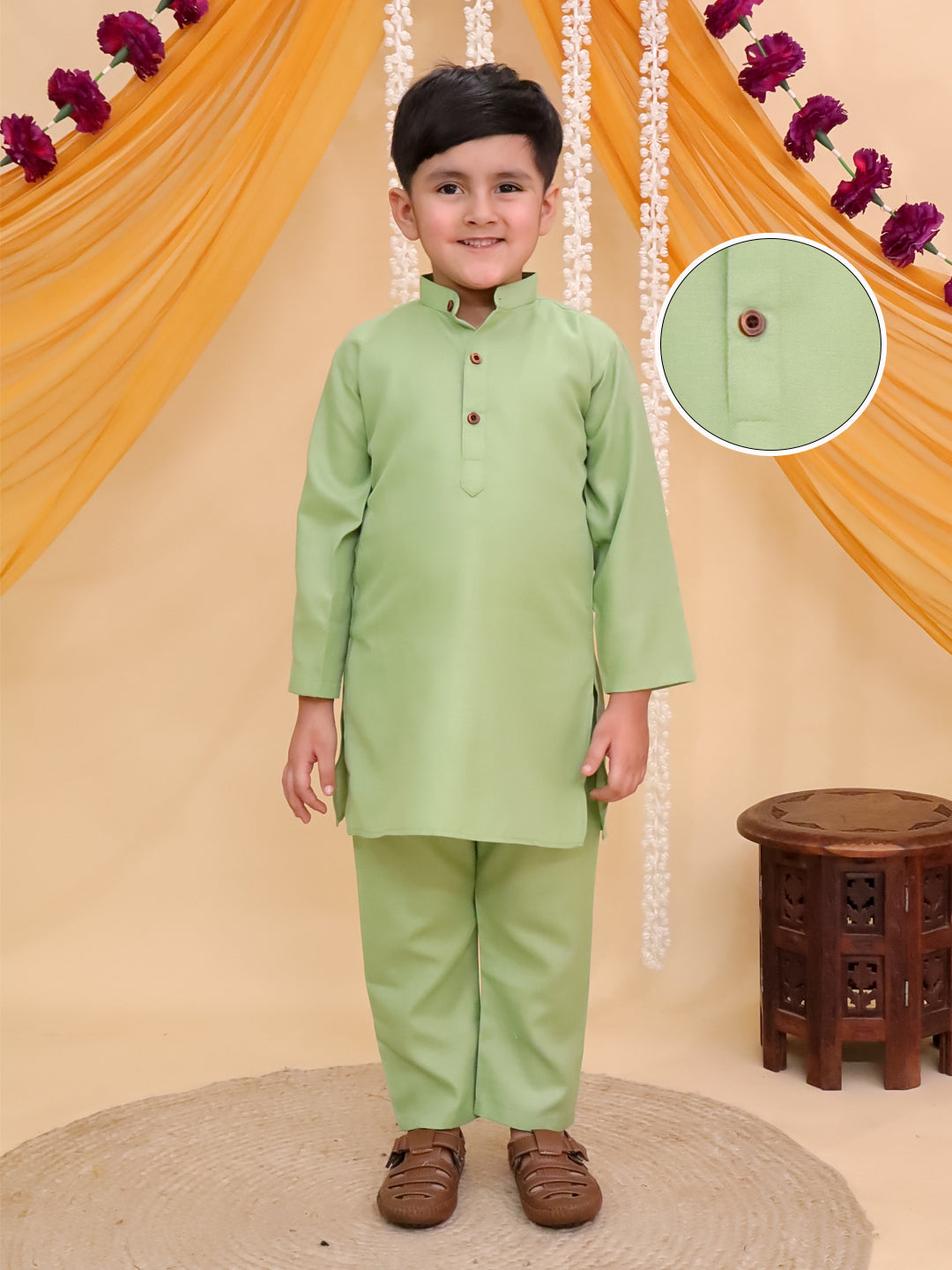 Boys Green Cotton Full sleeves Solid Kurta Pyjama Set