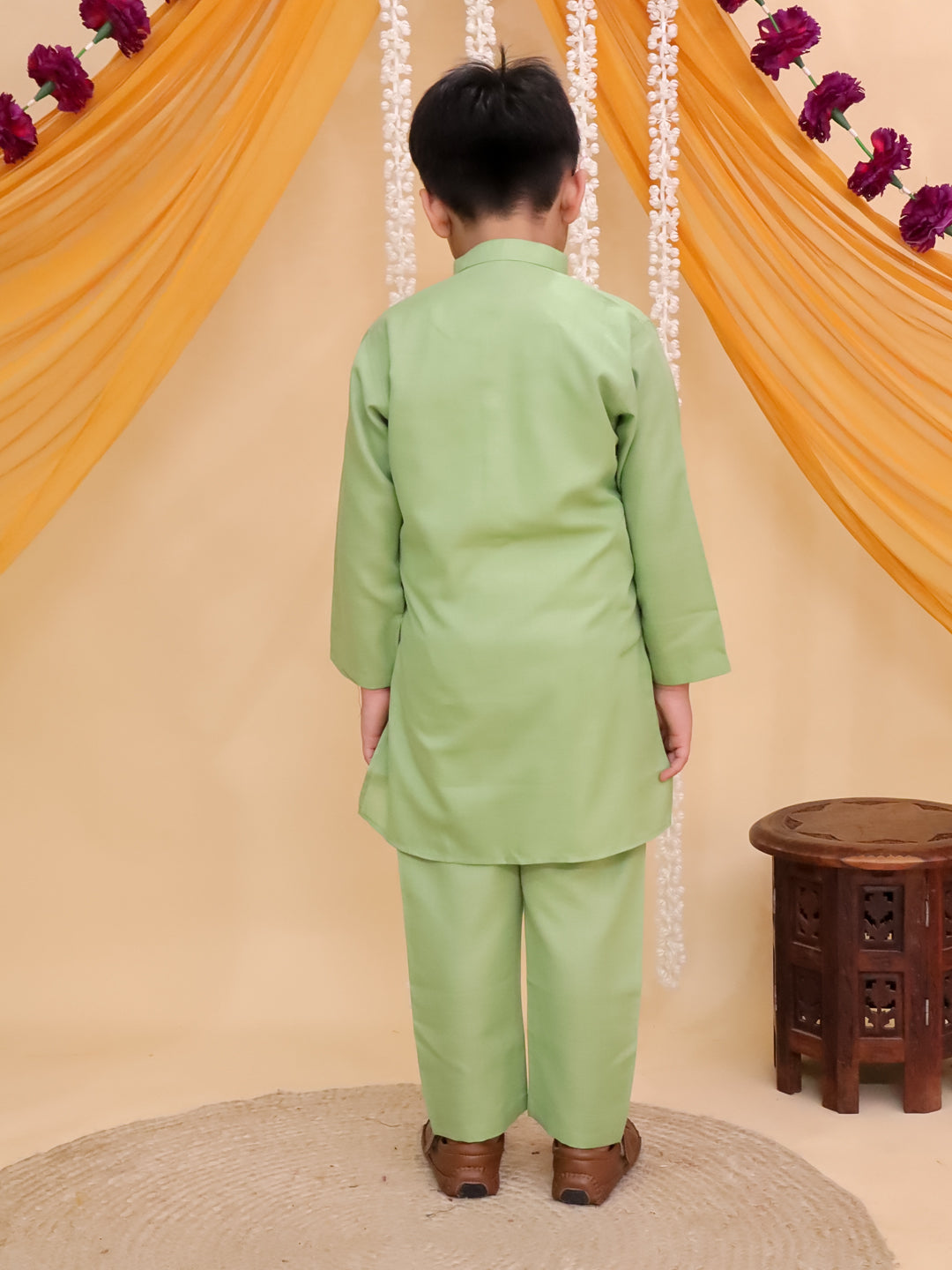 Boys Green Cotton Full sleeves Solid Kurta Pyjama Set