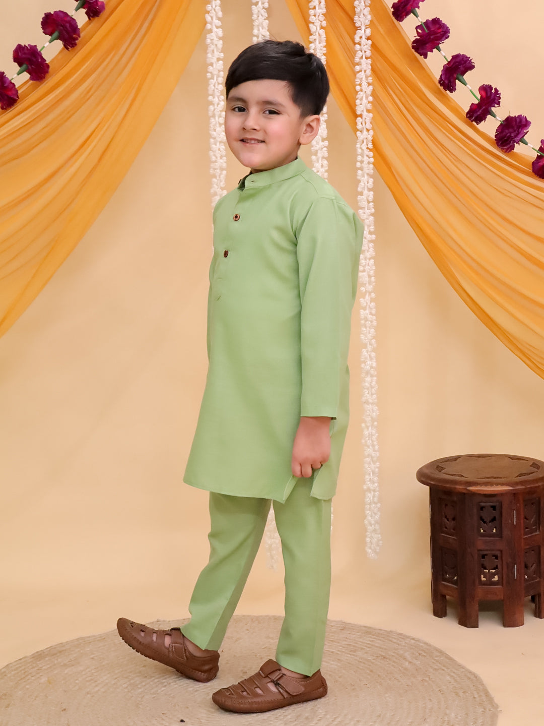 Boys Green Cotton Full sleeves Solid Kurta Pyjama Set