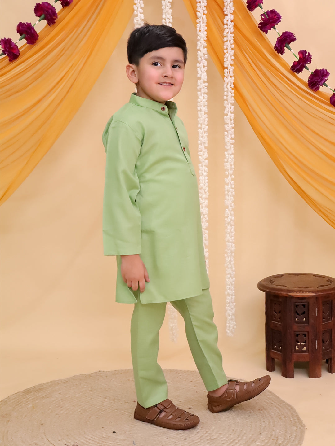 Boys Green Cotton Full sleeves Solid Kurta Pyjama Set