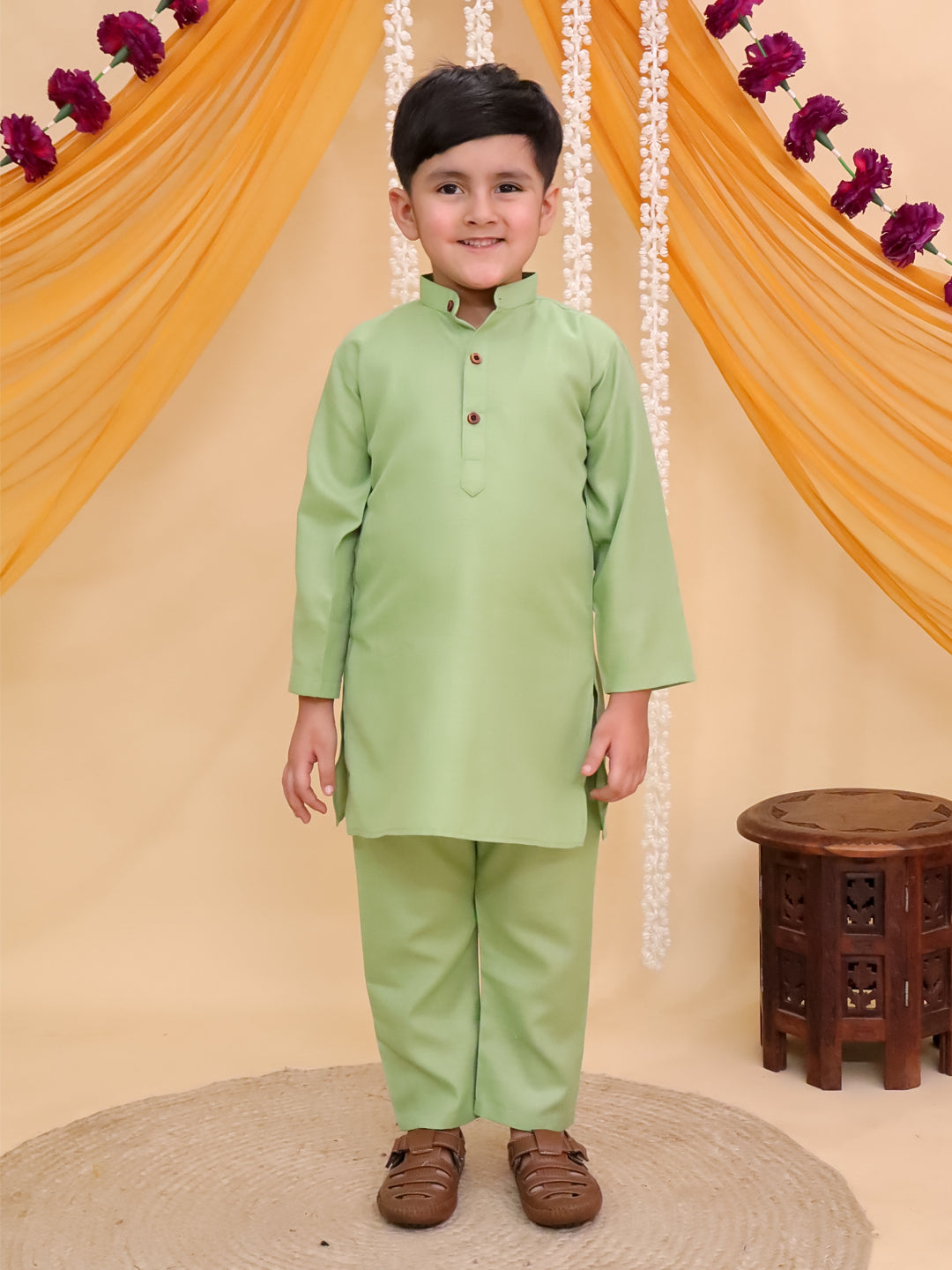 Boys Green Cotton Full sleeves Solid Kurta Pyjama Set