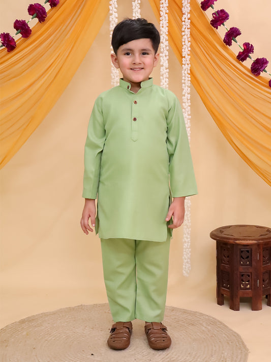 Boys Green Cotton Full sleeves Solid Kurta Pyjama Set