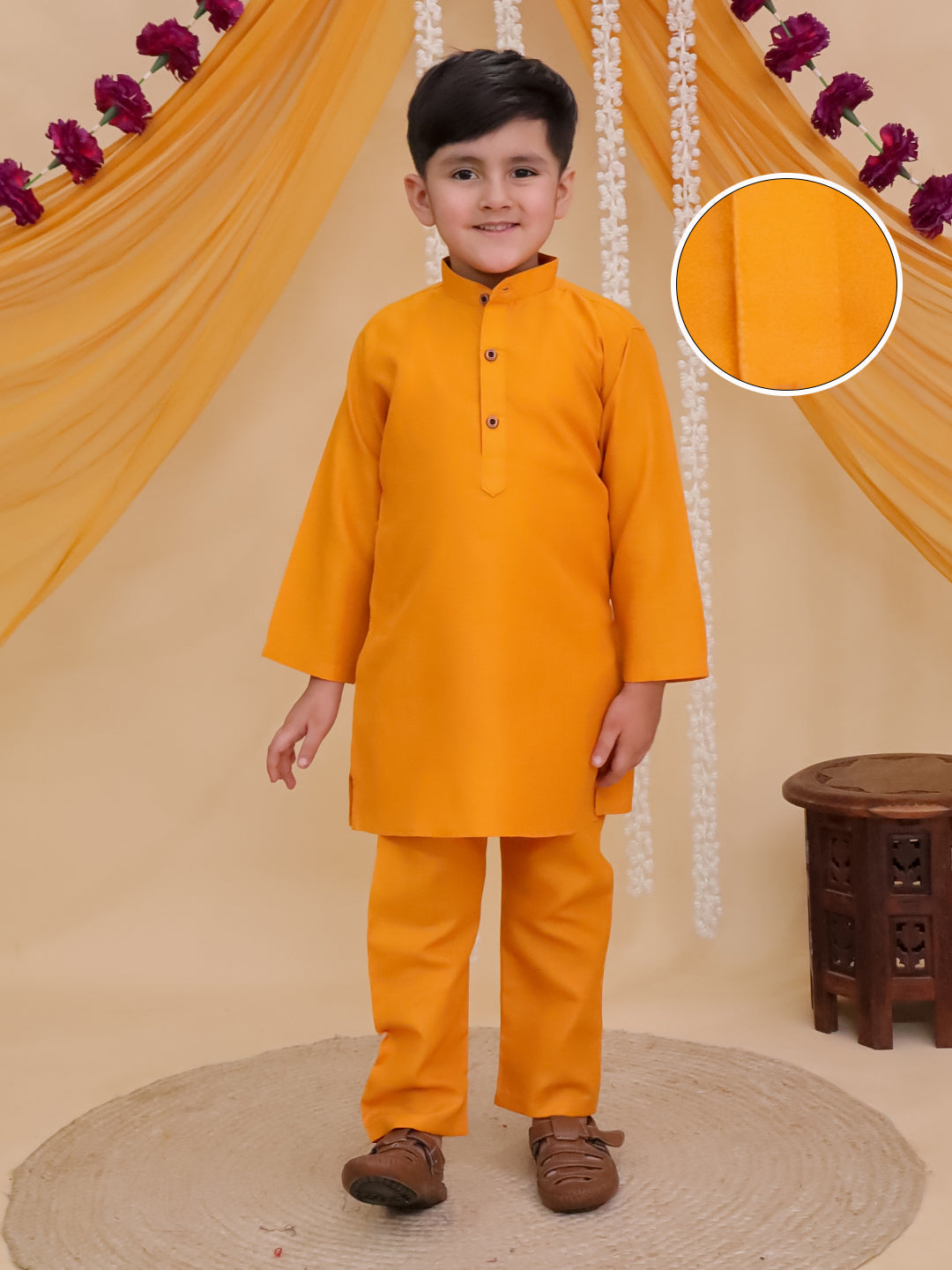 Boys Mustard Cotton Full sleeves Solid Kurta Pyjama Set