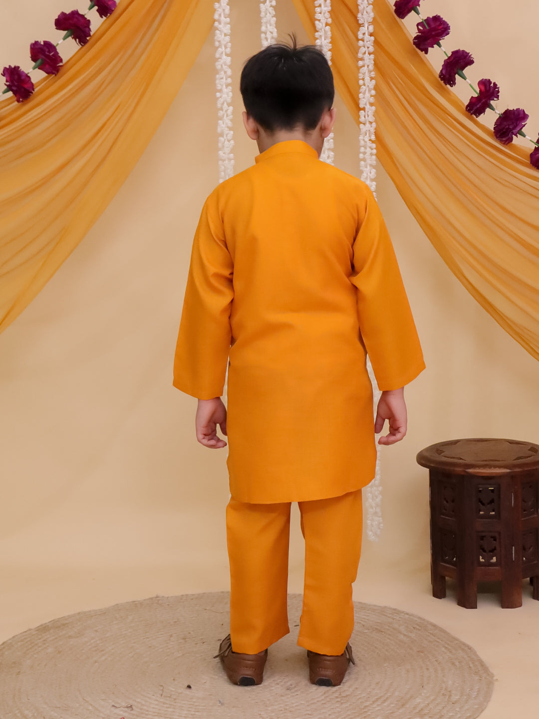 Boys Mustard Cotton Full sleeves Solid Kurta Pyjama Set