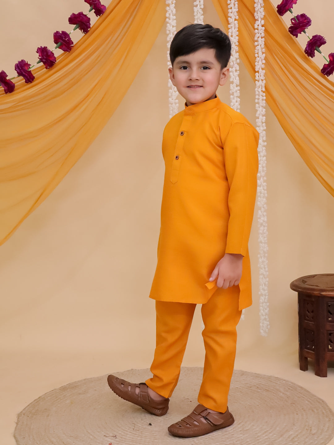 Boys Mustard Cotton Full sleeves Solid Kurta Pyjama Set