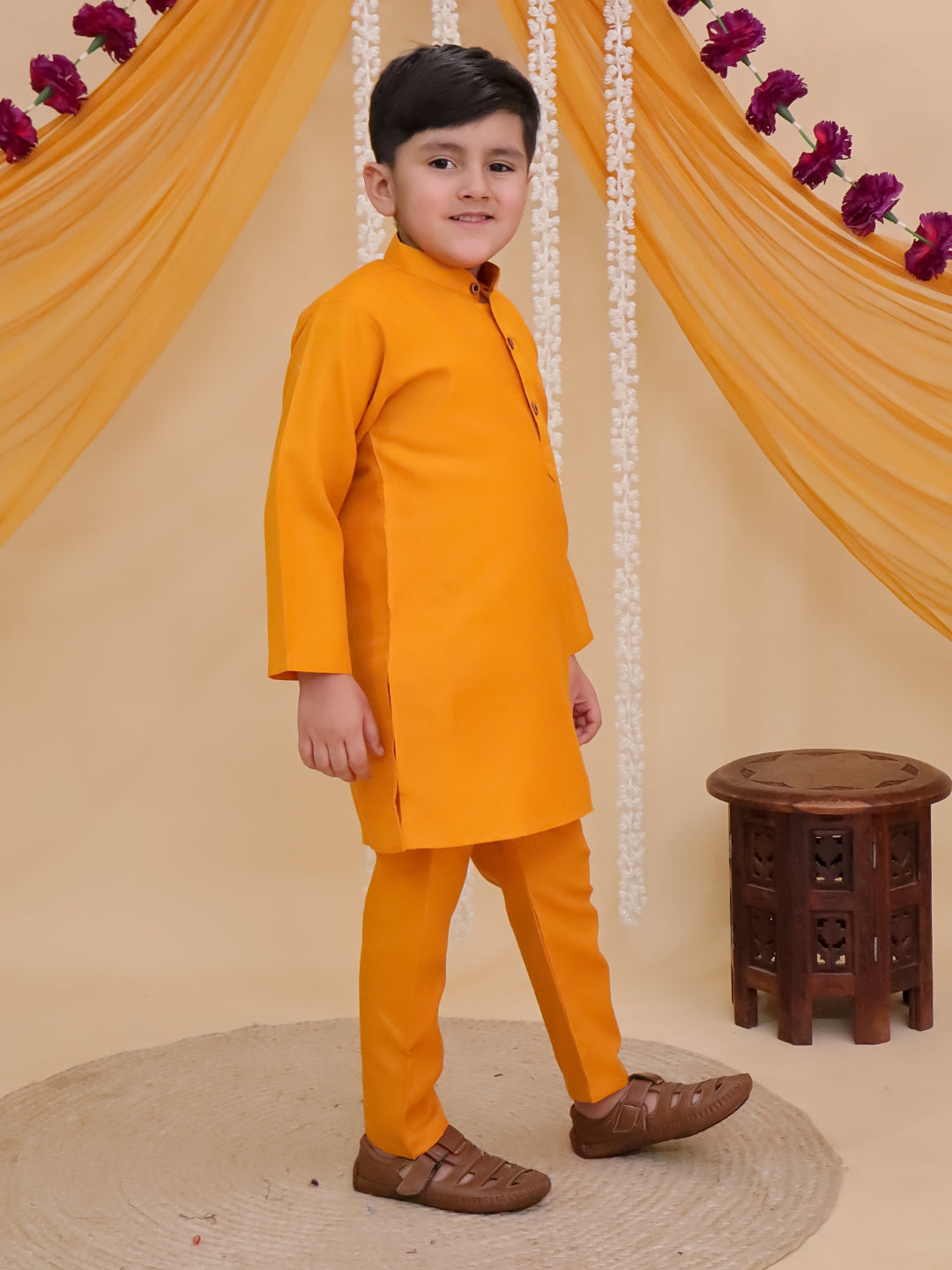 Boys Mustard Cotton Full sleeves Solid Kurta Pyjama Set