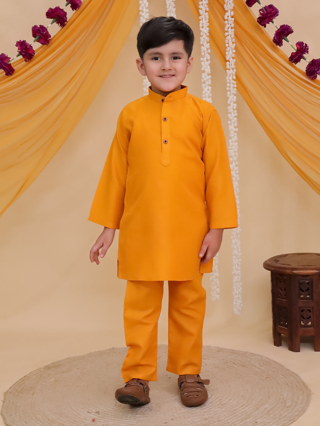Boys Mustard Cotton Full sleeves Solid Kurta Pyjama Set
