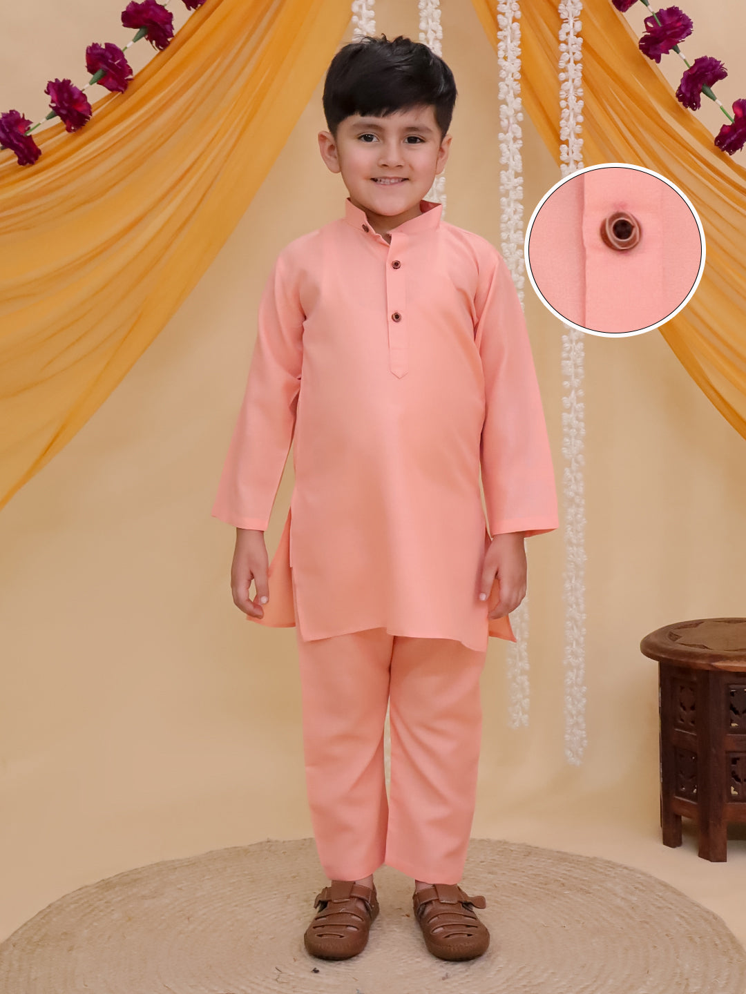 Boys Peach Cotton Full sleeves Solid Kurta Pyjama Set