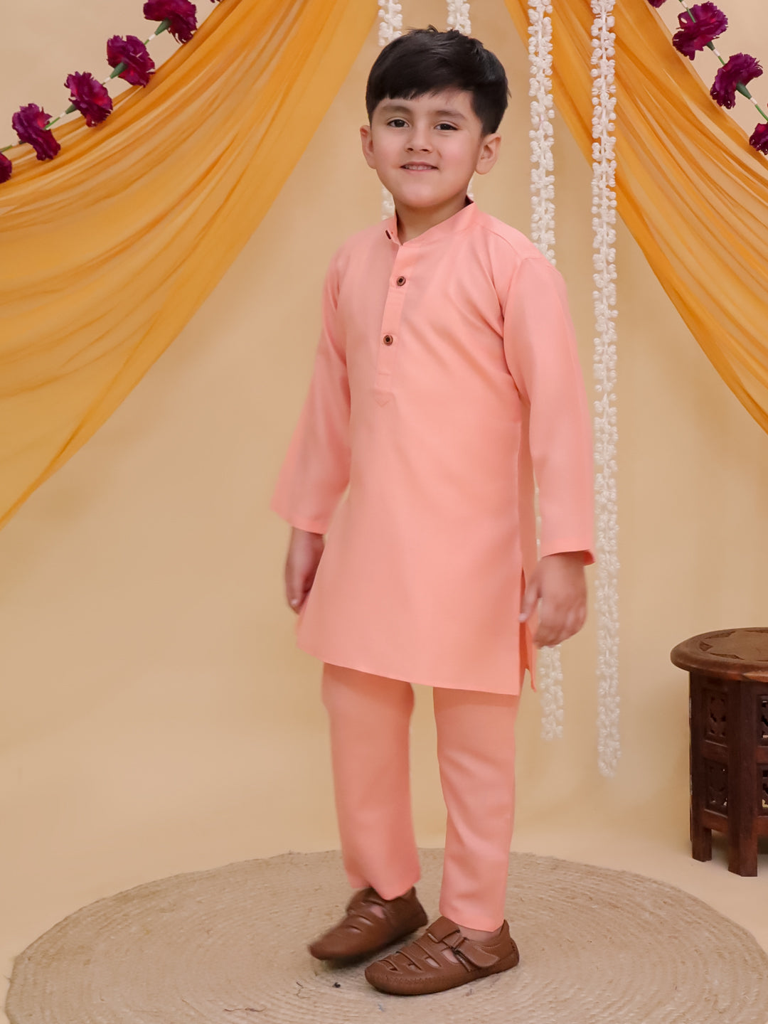 Boys Peach Cotton Full sleeves Solid Kurta Pyjama Set