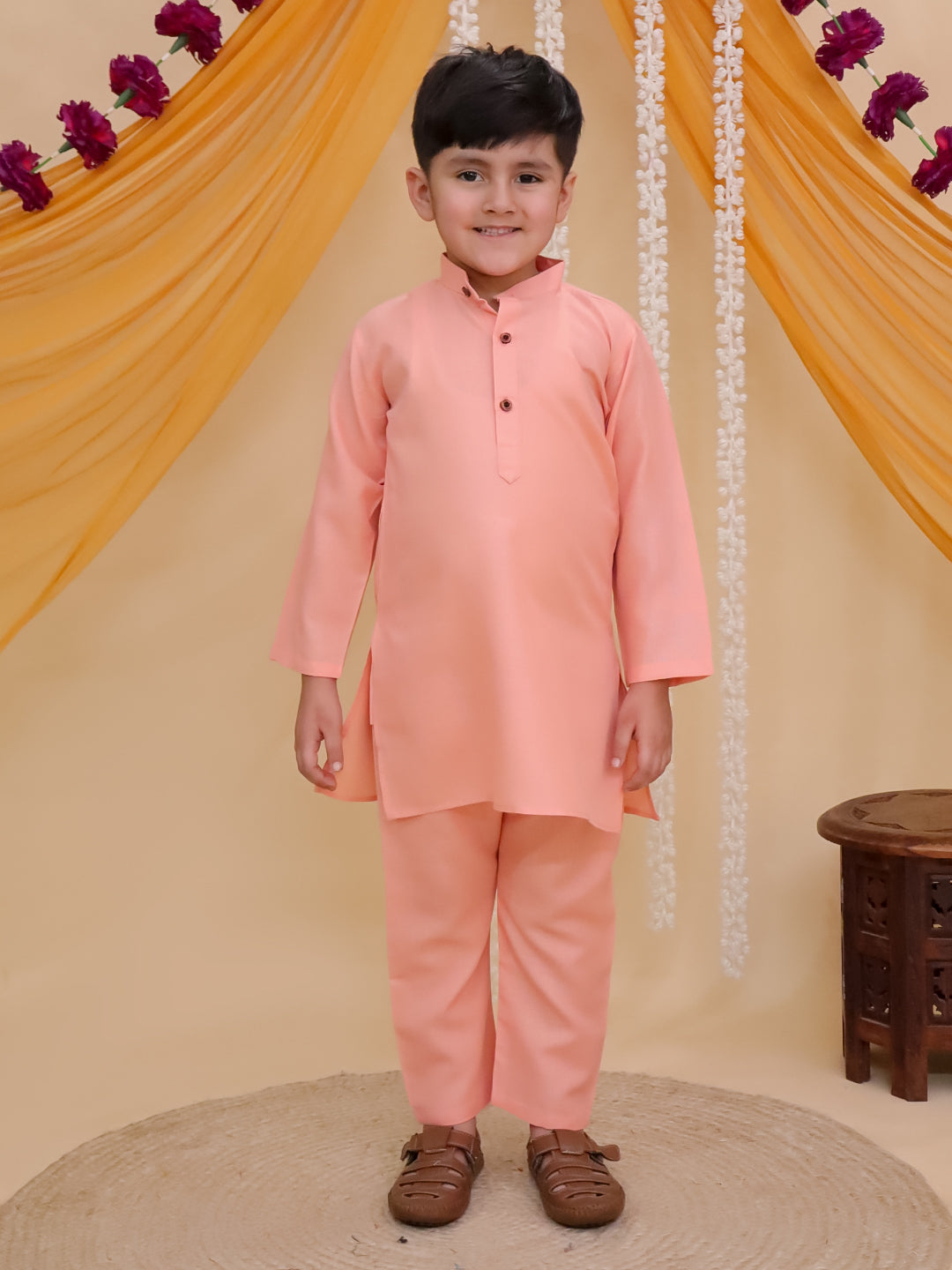 Boys Peach Cotton Full sleeves Solid Kurta Pyjama Set
