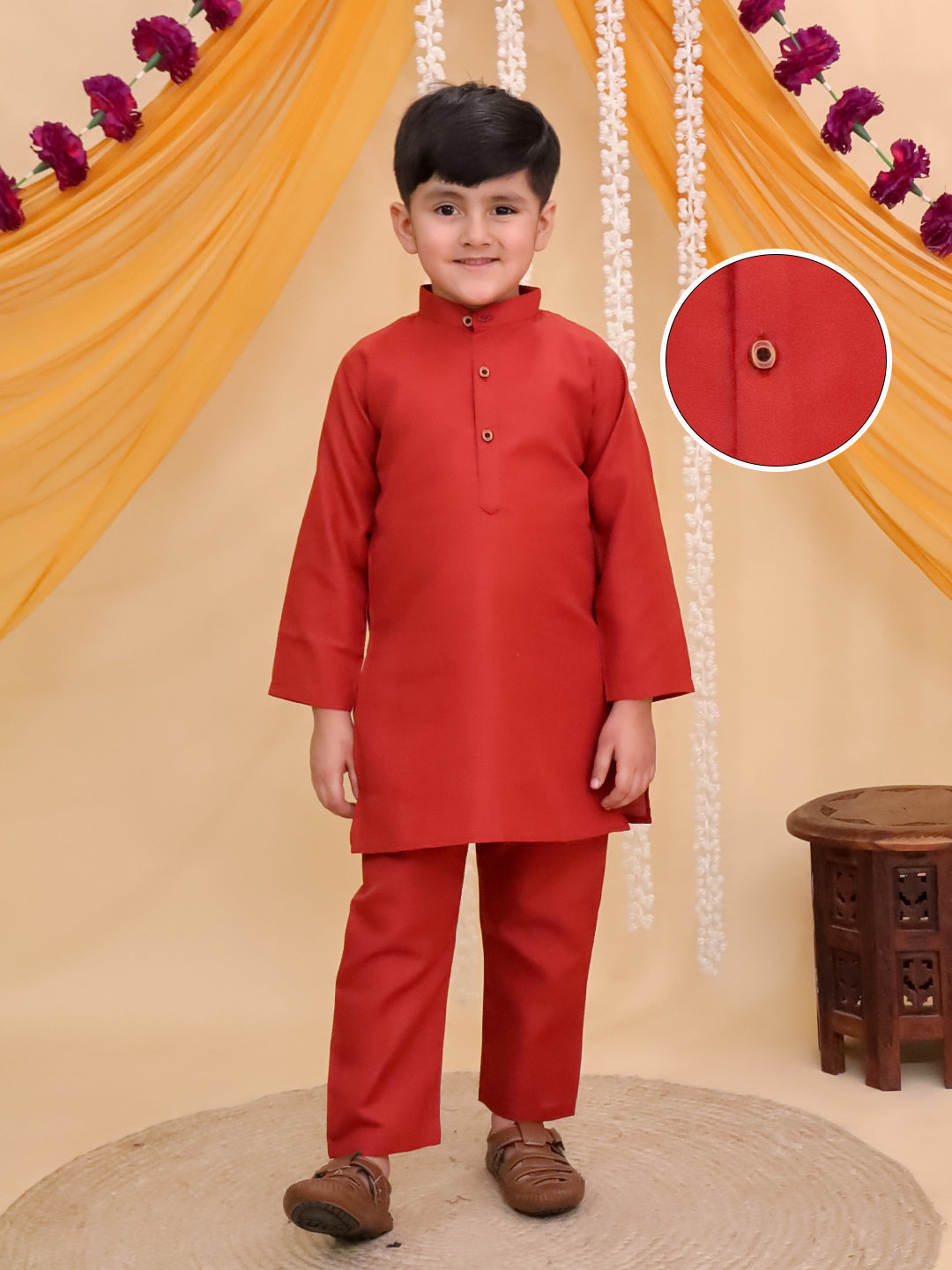 Boys Rust Cotton Full sleeves Solid Kurta Pyjama Set