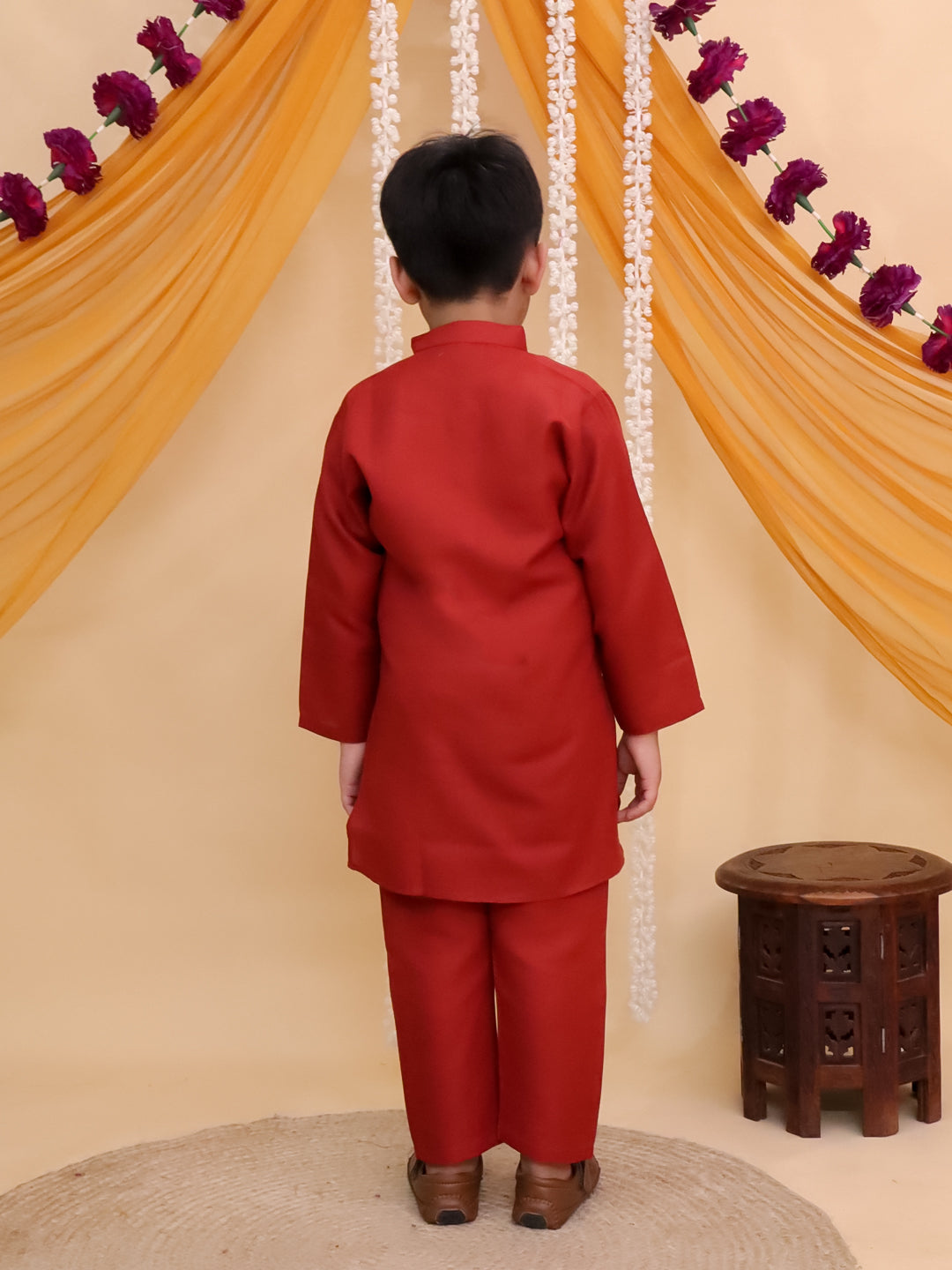 Boys Rust Cotton Full sleeves Solid Kurta Pyjama Set