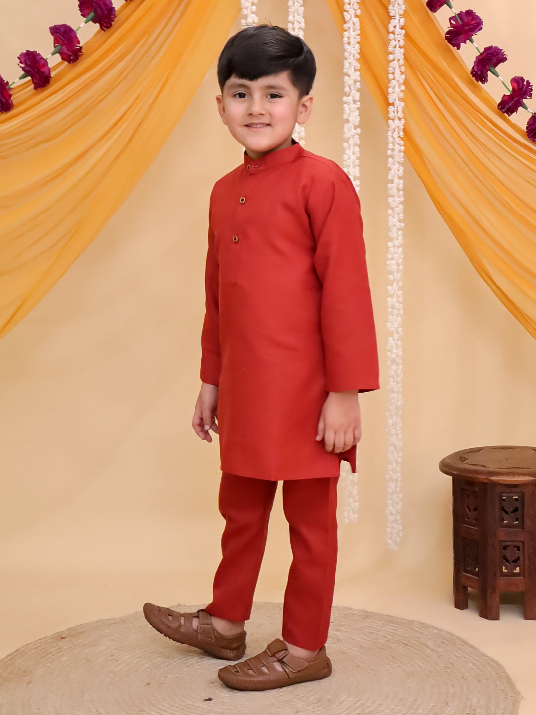 Boys Rust Cotton Full sleeves Solid Kurta Pyjama Set