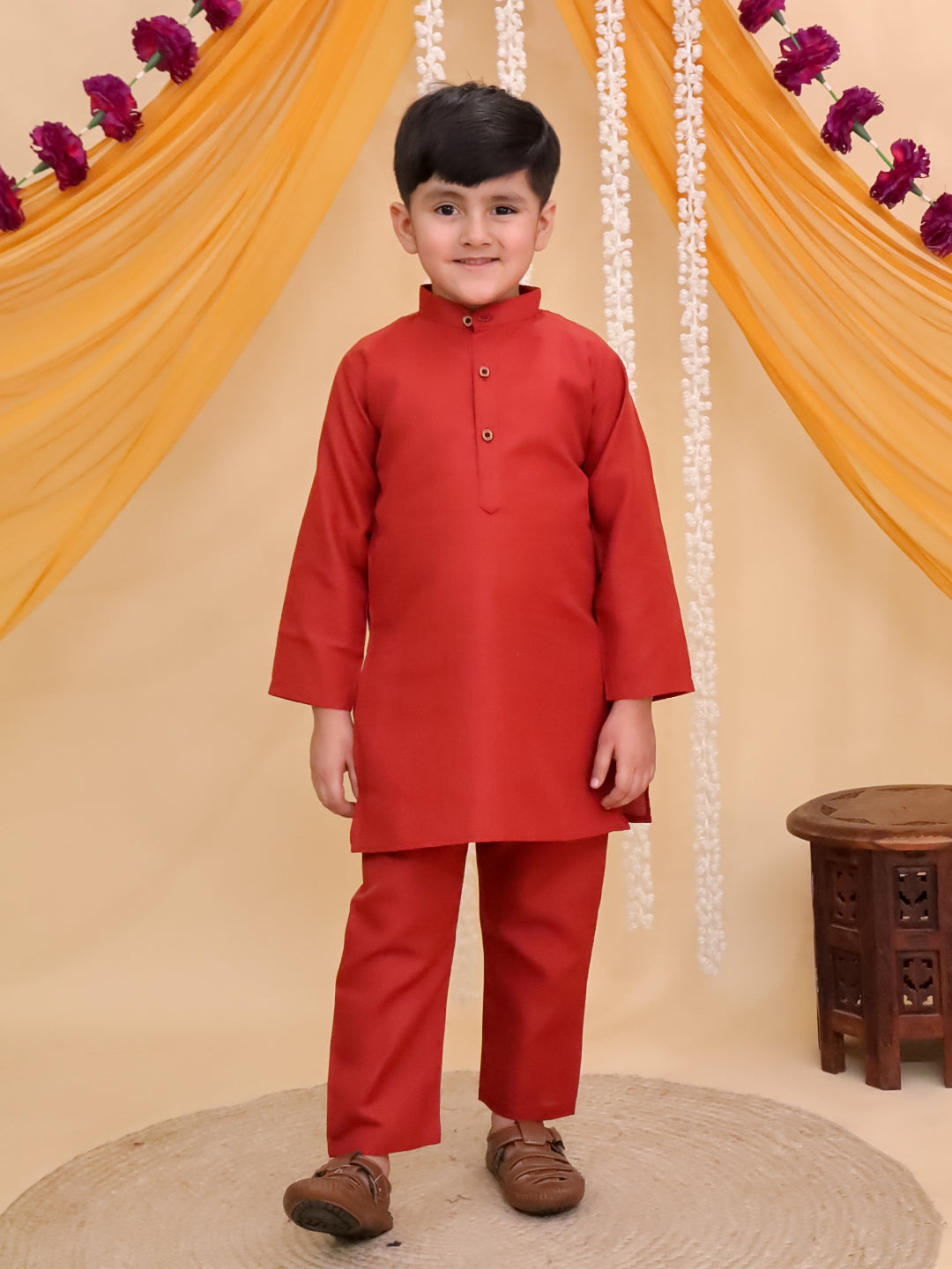 Boys Rust Cotton Full sleeves Solid Kurta Pyjama Set