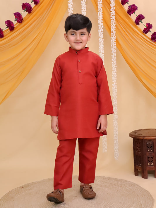 Boys Rust Cotton Full sleeves Solid Kurta Pyjama Set