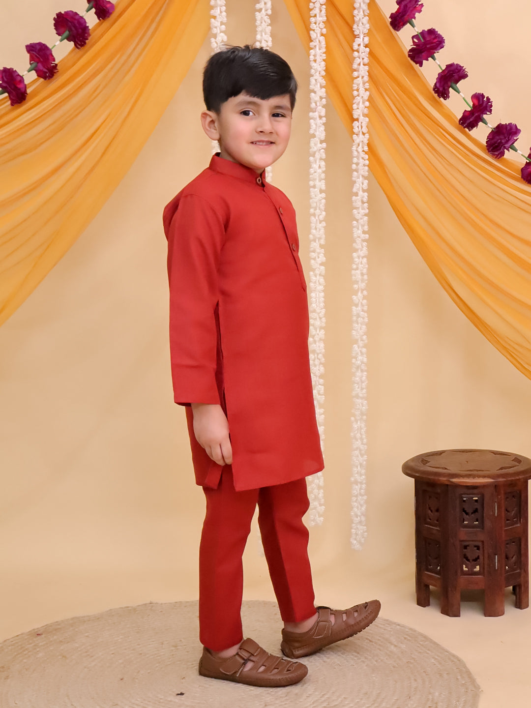 Boys Rust Cotton Full sleeves Solid Kurta Pyjama Set