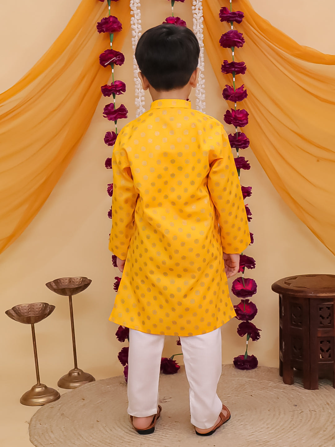 Boys Mustard Cotton Full sleeves Foil Printed Kurta Pyjama Set