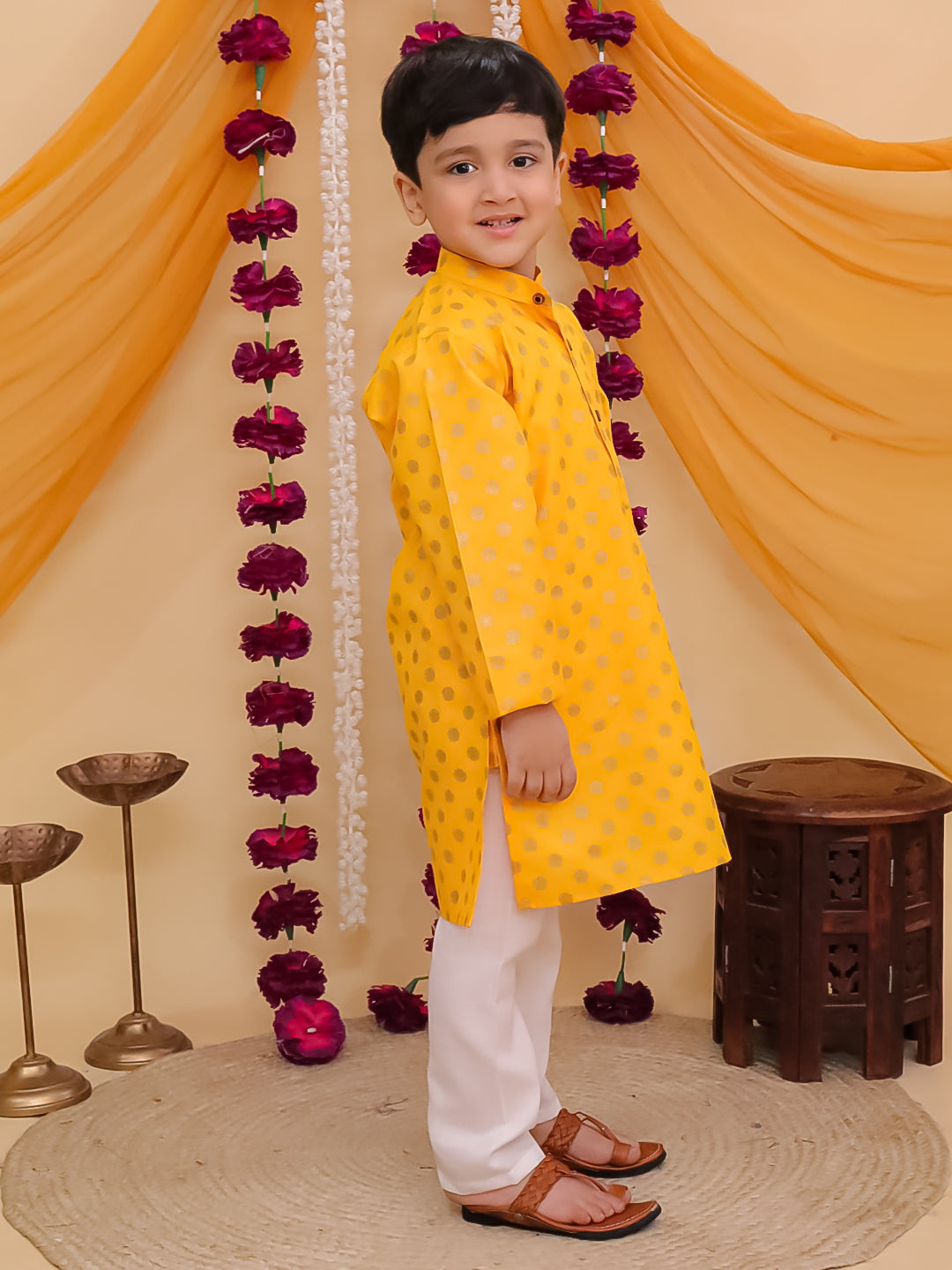 Boys Mustard Cotton Full sleeves Foil Printed Kurta Pyjama Set