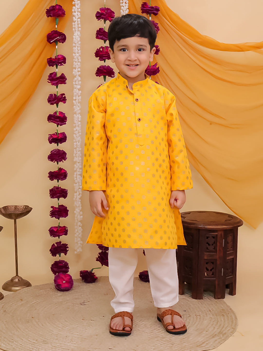 Boys Mustard Cotton Full sleeves Foil Printed Kurta Pyjama Set