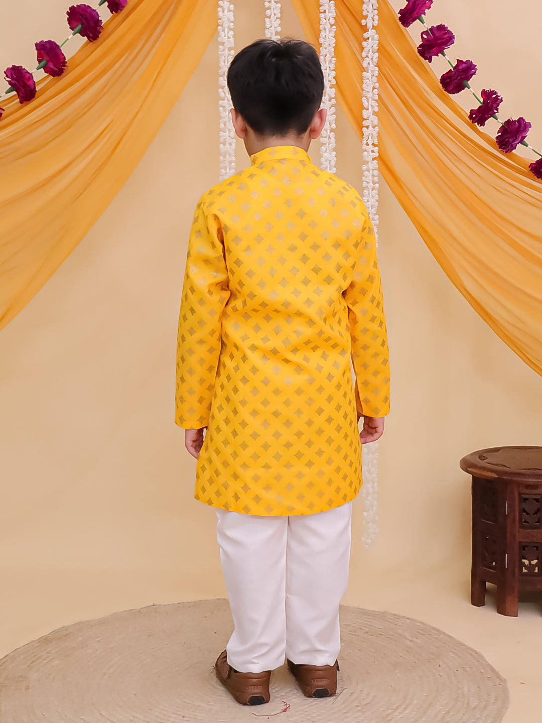 Yellow Cotton Full sleeves Foil Printed Kurta Pyjama Set