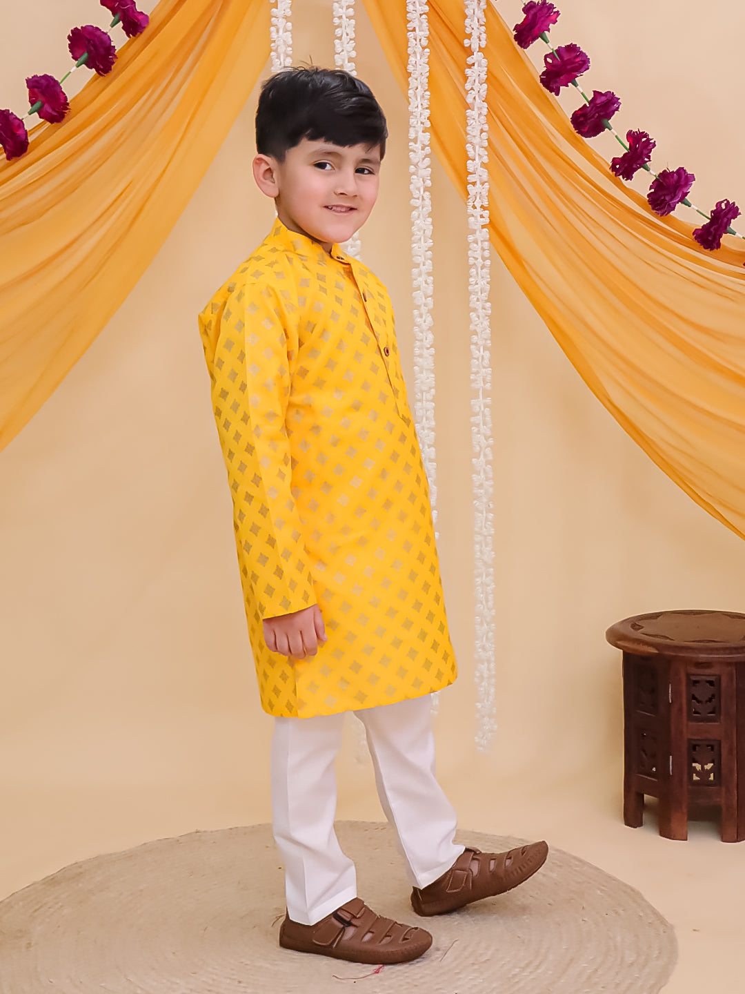 Yellow Cotton Full sleeves Foil Printed Kurta Pyjama Set