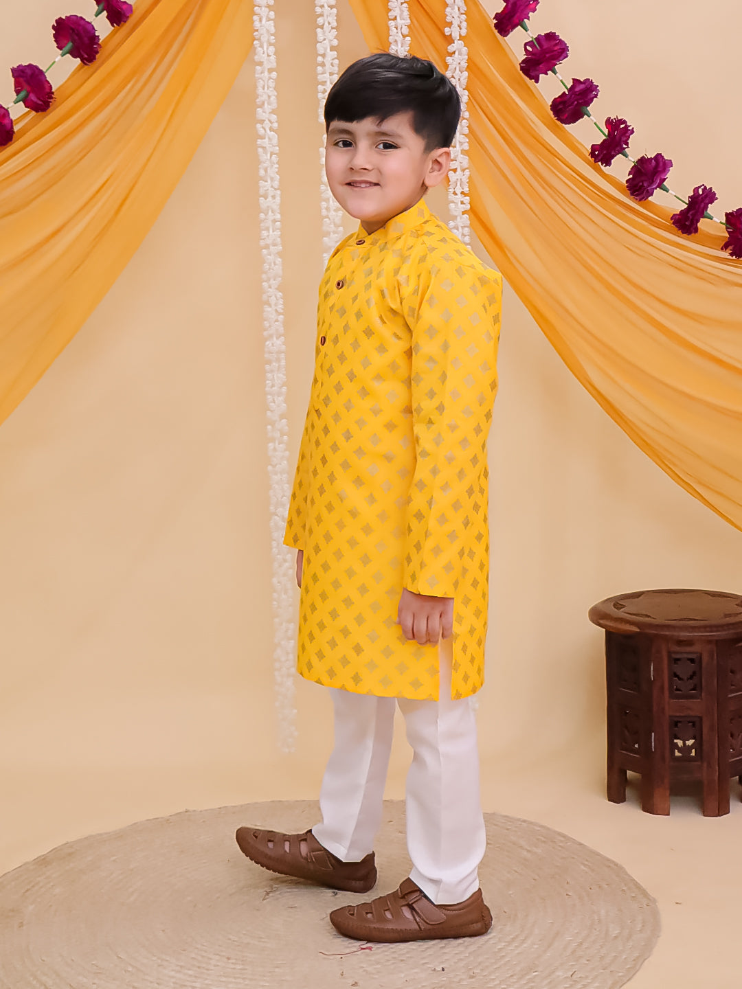 Yellow Cotton Full sleeves Foil Printed Kurta Pyjama Set