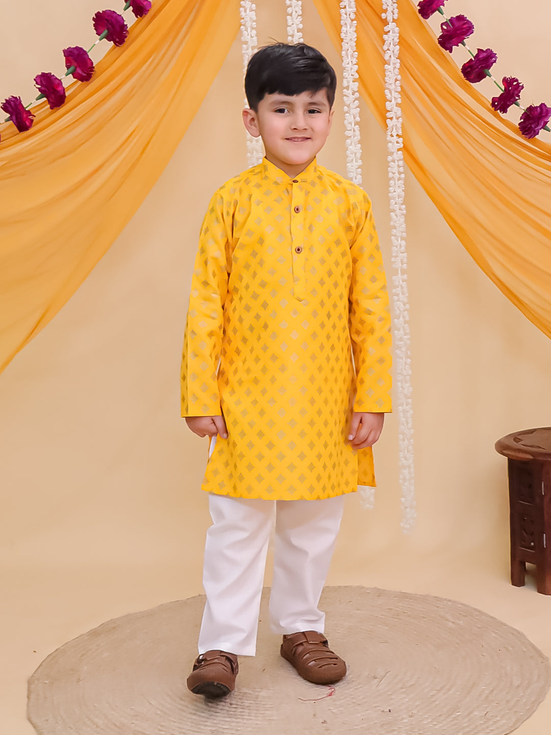 Yellow Cotton Full sleeves Foil Printed Kurta Pyjama Set