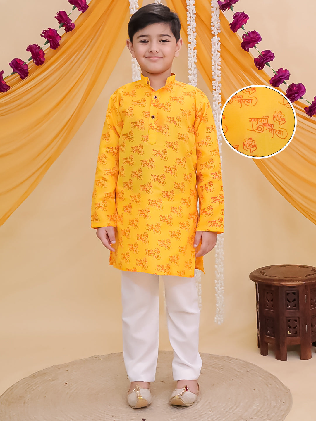 Yellow Cotton Full sleeves Ganesha Printed Kurta Pyjama Set
