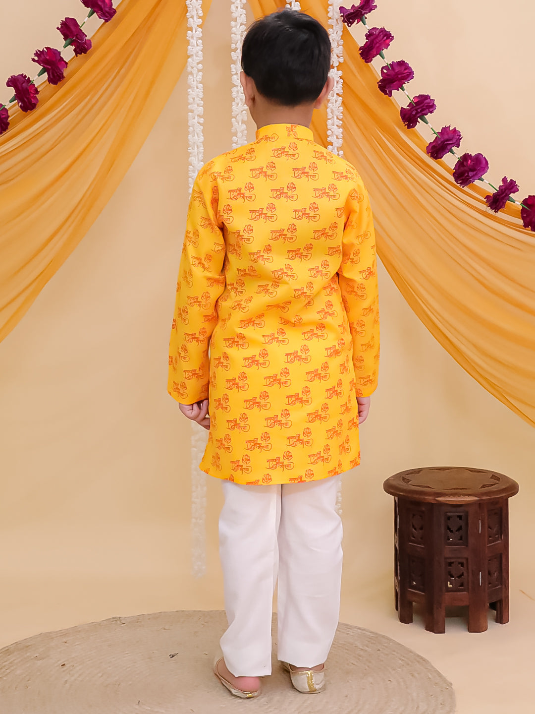 AJ Dezines Yellow Cotton Full sleeves Ganesha Printed Kurta Pyjama Set