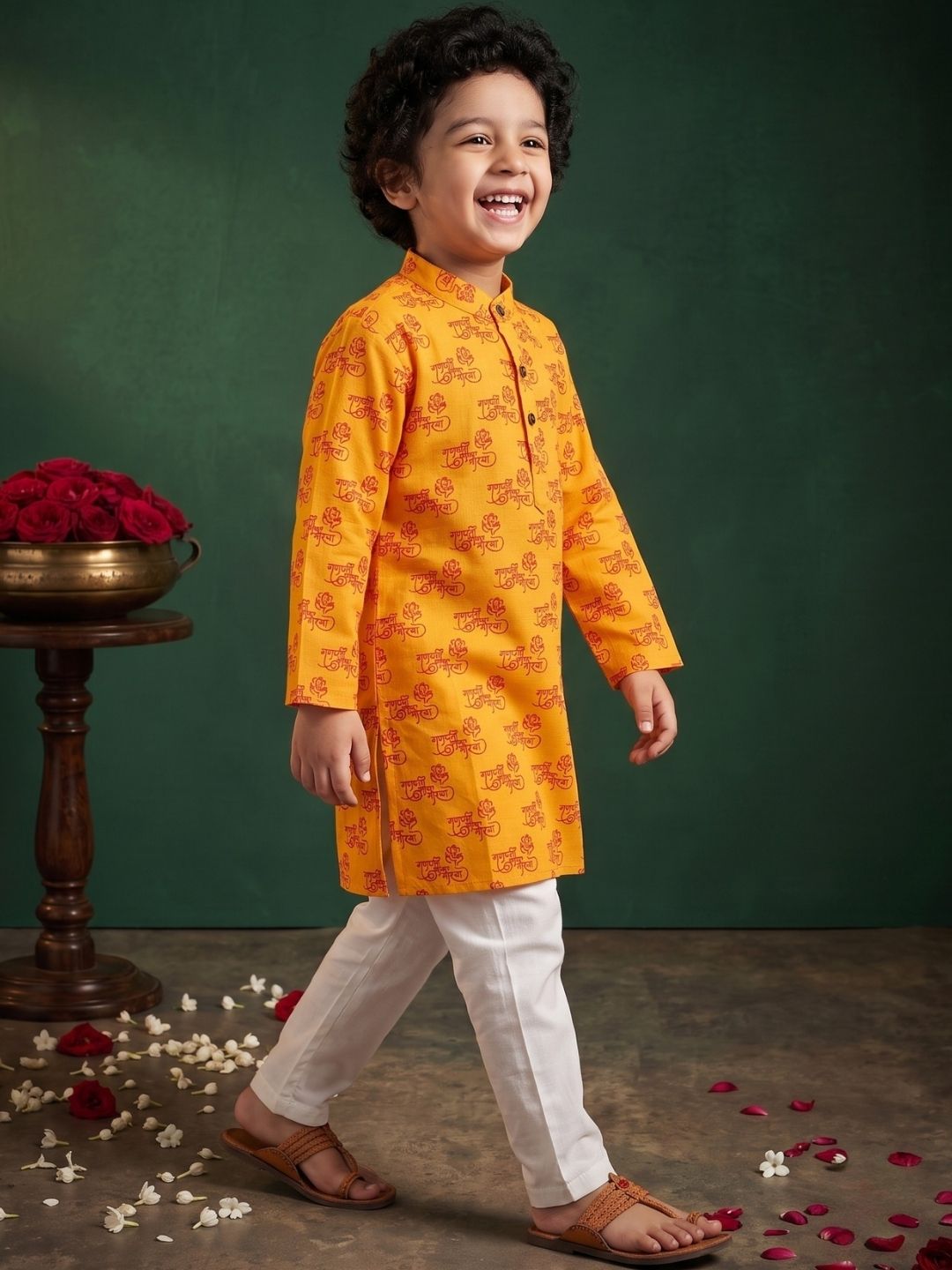 Yellow Cotton Full sleeves Ganesha Printed Kurta Pyjama Set