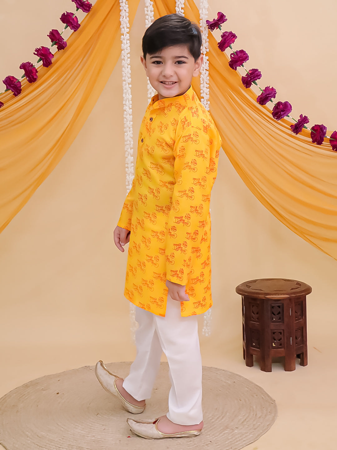 AJ Dezines Yellow Cotton Full sleeves Ganesha Printed Kurta Pyjama Set