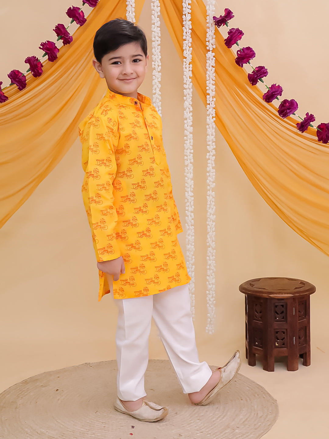 Yellow Cotton Full sleeves Ganesha Printed Kurta Pyjama Set