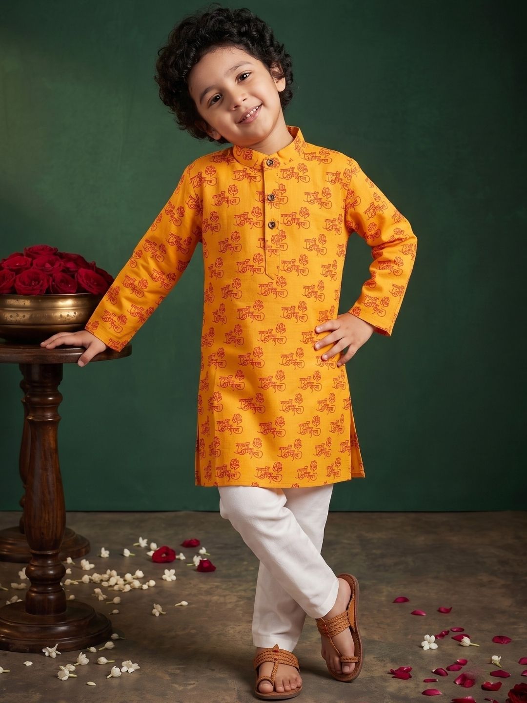 Yellow Cotton Full sleeves Ganesha Printed Kurta Pyjama Set