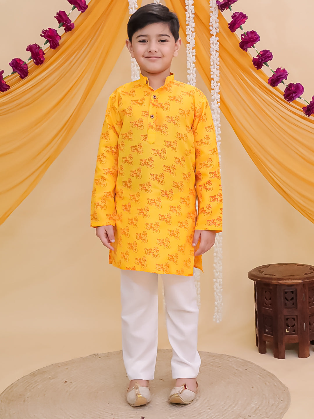 AJ Dezines Yellow Cotton Full sleeves Ganesha Printed Kurta Pyjama Set