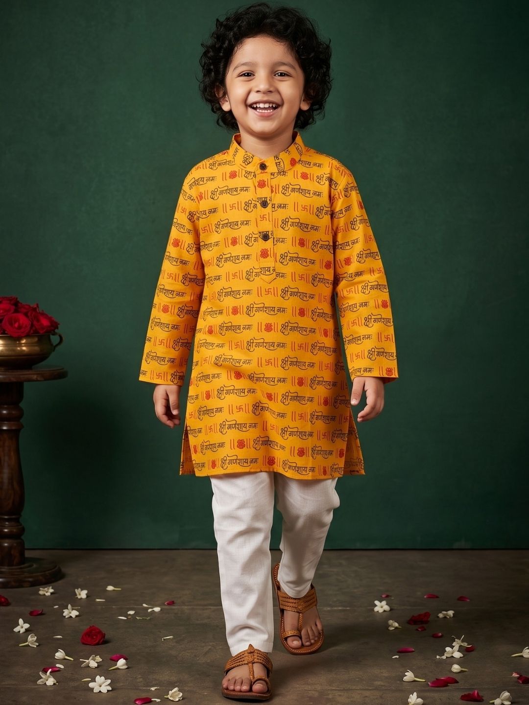 Yellow Cotton Full sleeves Ganesha Printed Kurta Pyjama Set
