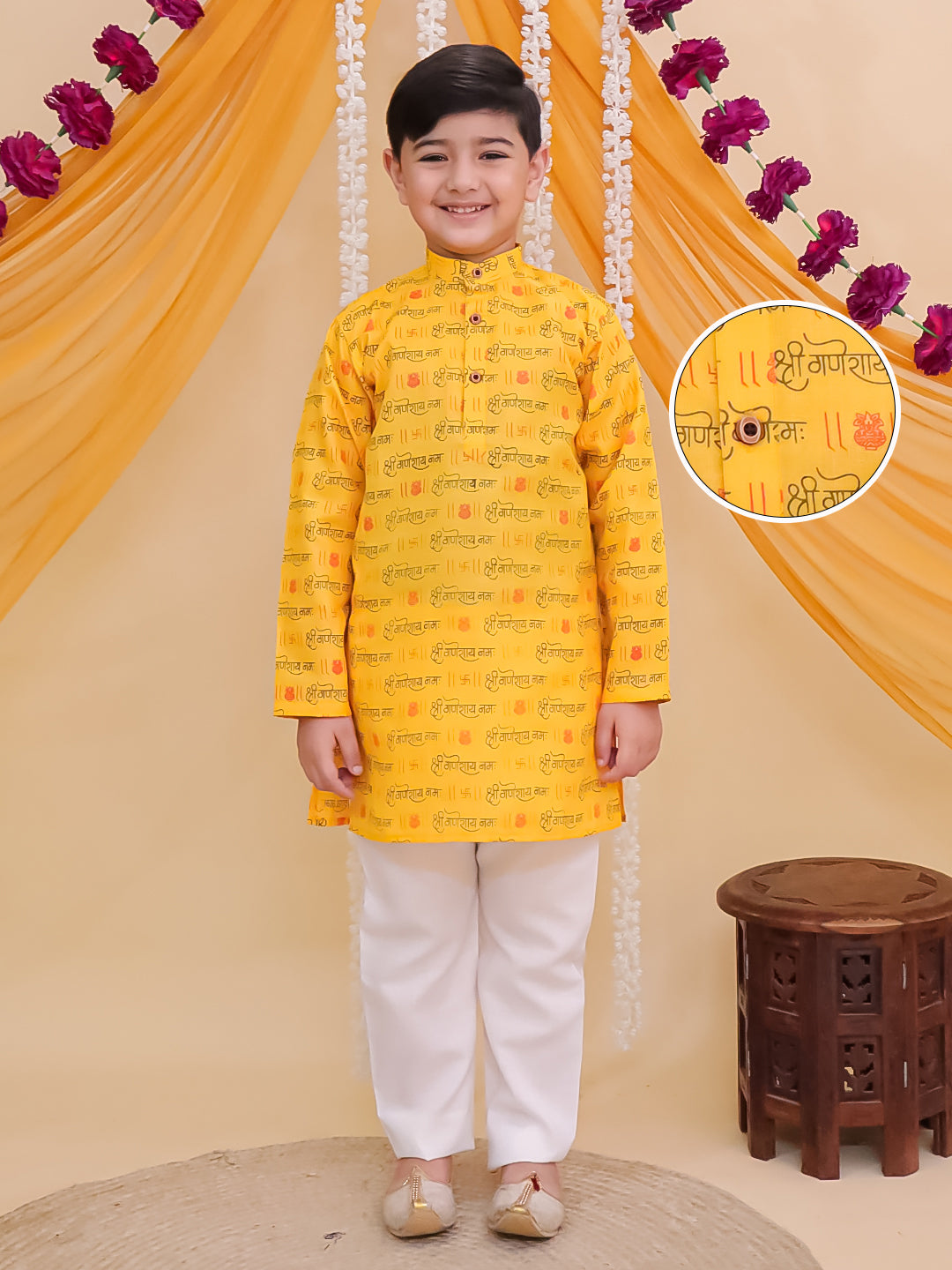 Yellow Cotton Full sleeves Ganesha Printed Kurta Pyjama Set