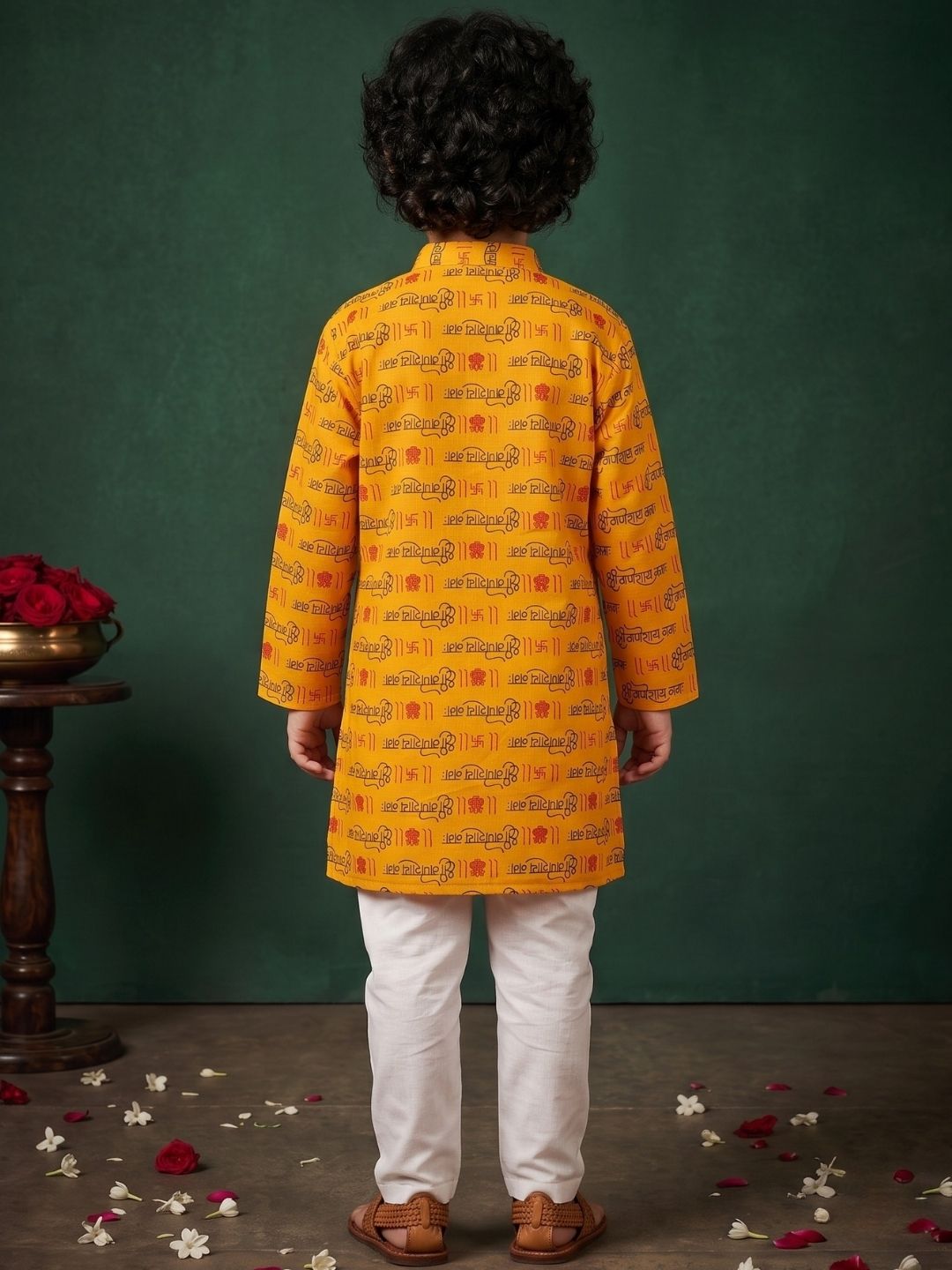Yellow Cotton Full sleeves Ganesha Printed Kurta Pyjama Set